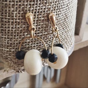 Vintage Gold Tone Drop Earrings with Black and White Accents for Pierced Ears